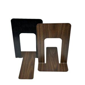 Industrial Black Metal Bookends Set of 2 Faux Wood Grain Heavy Duty 5.5"x9"‎